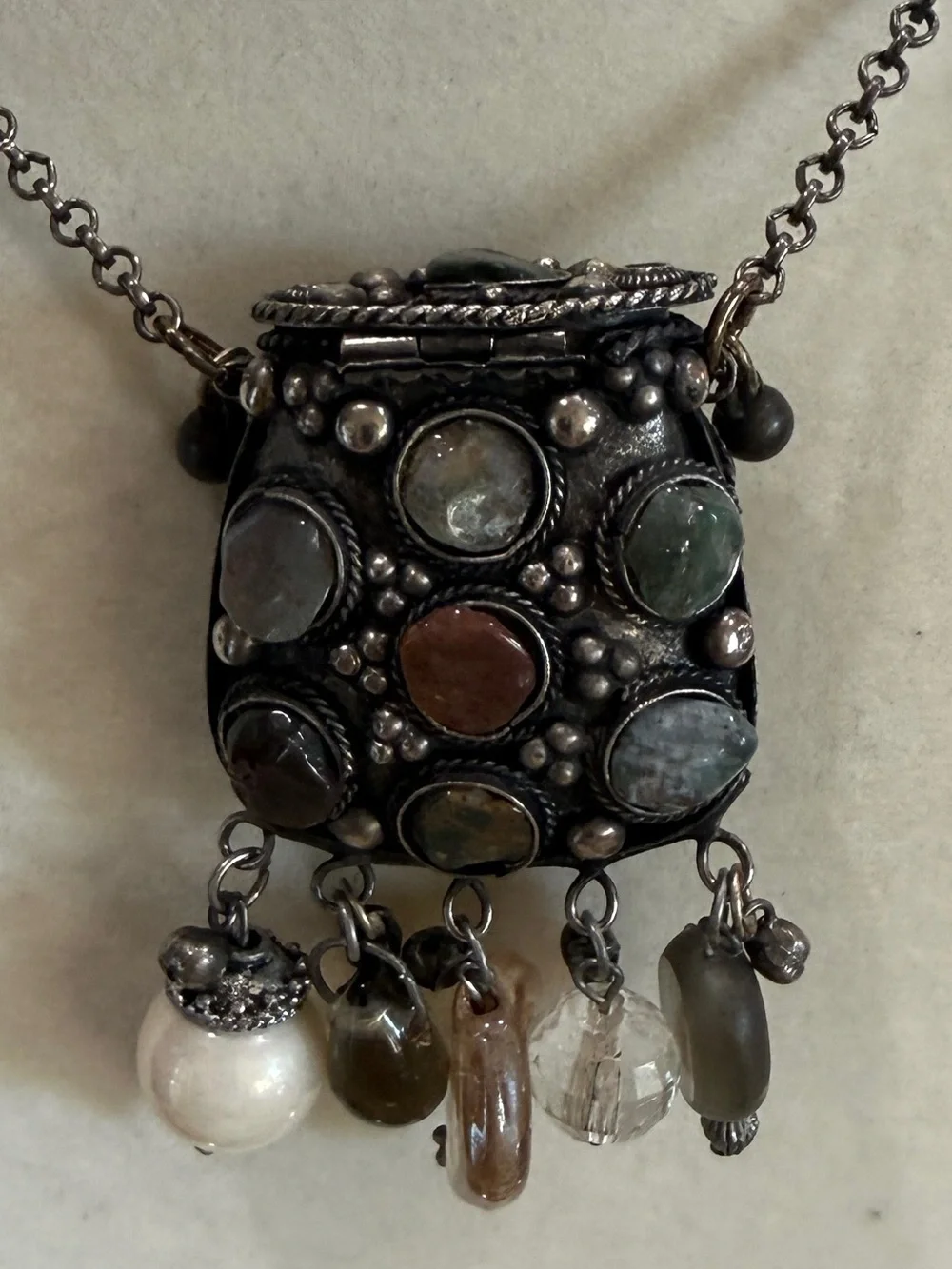 Bohemian Silver Tone Multistone Coin/Prayer Box/Amulet Pendant Necklace 36”